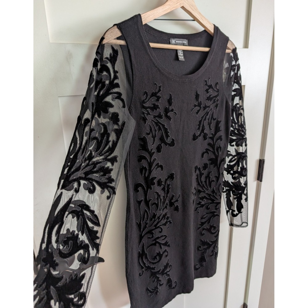 Y2K Whimsigoth Black Bodycon Mini Dress Womens S Velvet Burnout Sheer Sleeve LBD